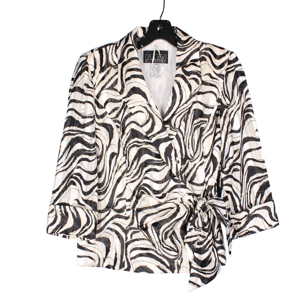 ALEX EVENINGS Black/Cream SATIN SWIRL Overlay Design TIE SIDE Jacket Blouse SZ S